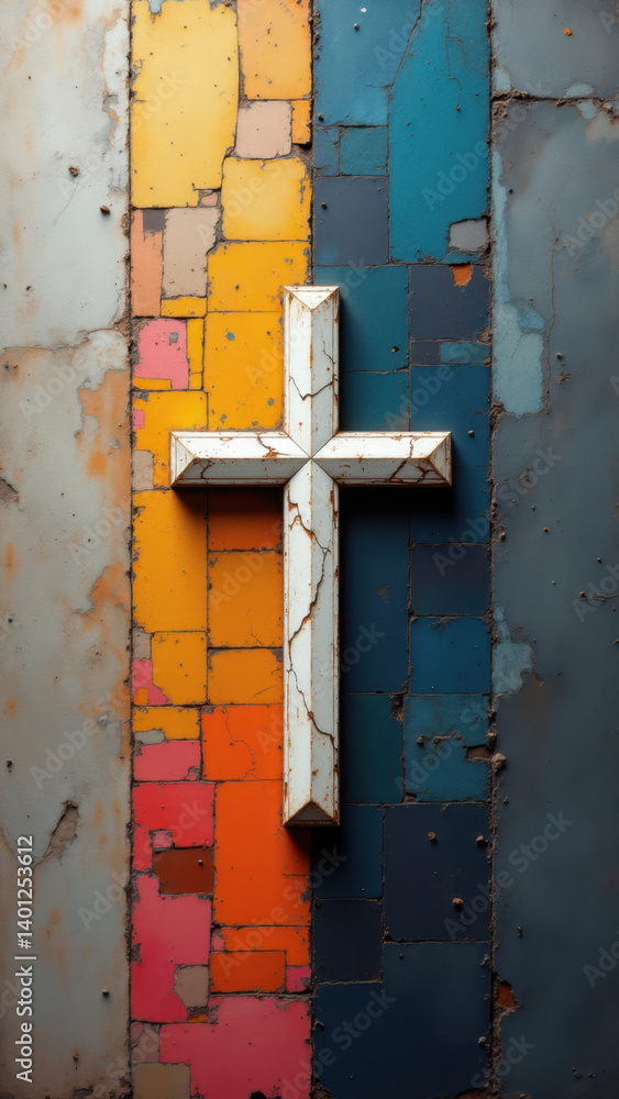 Poster cross on a colorful wall with a rusty background.