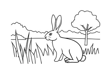 Black And White Line Drawing Of A Rabbit In A Landscape With Trees
