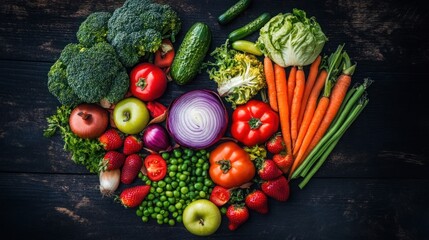 Heart-Shaped Arrangement of Colorful Fruits and Vegetables on Dark Wood, 4K Rustic Food Photography