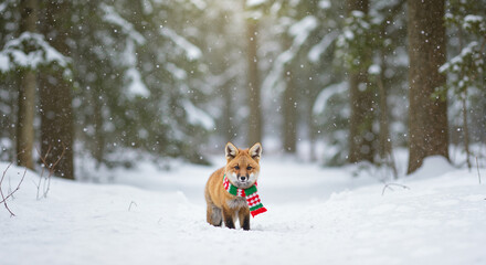 Fox wearing a Christmas scarf walking in a snowy forest  