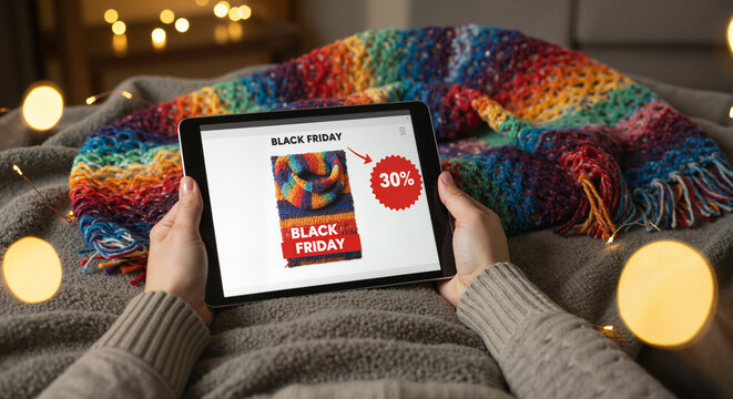 Cozy person shopping online for Black Friday deals indoors