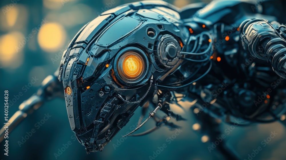 Poster futuristic robotic creature with intricate design during twilight in a sophisticated environment
