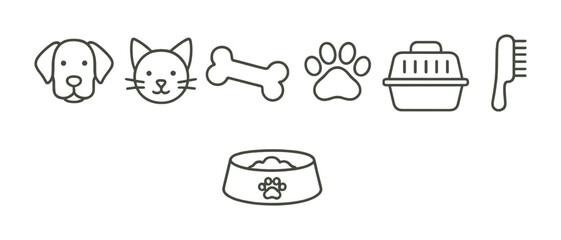 Outline icons of dog, cat, bone, paw, carrier, brush, and bowl.
