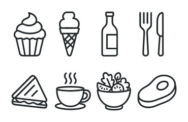 Fototapeta premium Simple black line food icons featuring cupcake, ice cream, and sandwich.