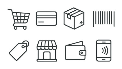 Shopping and payment icons set featuring credit card, barcode, and wallet.