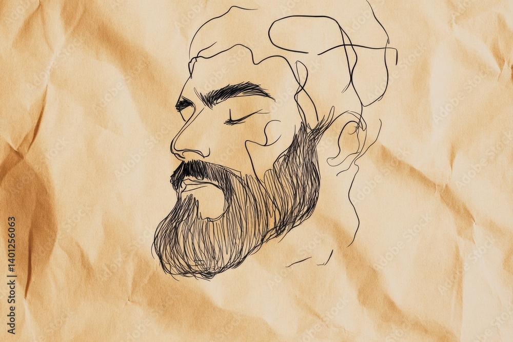 Aufkleber minimal artistic illustration of a beard on textured craft paper background featuring a serene male 