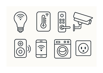 Smart home devices icons: light bulb, thermostat, remote, camera, speaker, smartphone, washer, outlet.