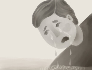 Crying Man with Tears Falling into Water