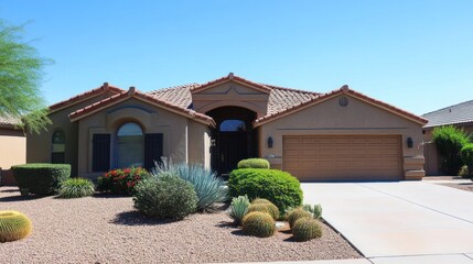 A beautiful home in Phoenix, Arizona, showcasing clean lines and vibrant desert landscaping.