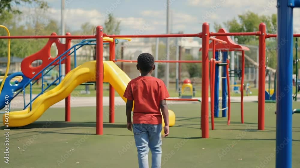 Poster Young boy stands at entrance of colorful playground with swings and slides.