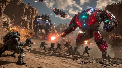 Futuristic robots engage in intense battle on a neon-lit battlefield at night