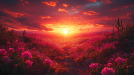 Crimson Desert Sunset: A breathtaking panorama of a desert landscape painted in fiery hues as the sun dips below the horizon.