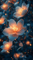 Glowing Flower Fantasy: Delicately lit flowers, their petals softly glowing, create a dreamlike scene with a touch of a butterfly.