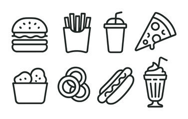 Outline icons of classic fast food items: burger, fries, pizza, ice cream, hot dog.
