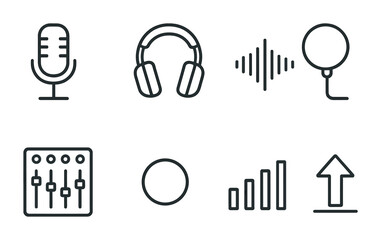 Fototapeta premium Minimalist audio icons set including microphone headphones soundwave and controls.