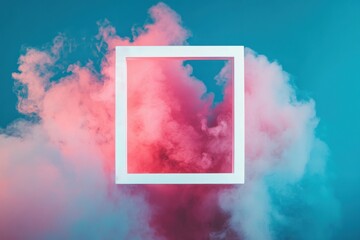 White frame surrounded by colorful pink and blue smoke on gradient background