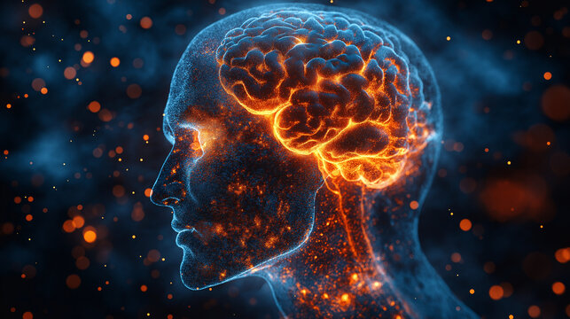 Mind's Illuminated Symphony: An artistic visualization of a human head, showcasing the brain in radiant, glowing hues, creating a stunning representation of human intellect and thought.