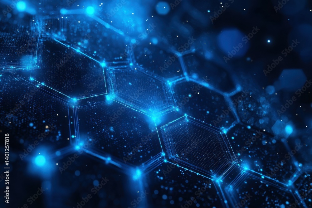 Poster illuminated tech: abstract digital art showcasing a futuristic honeycomb grid design, emitting a cap