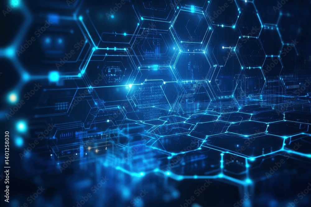 Poster hexagon network: abstract depiction of a futuristic digital network composed of interconnected hexag