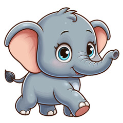 Fototapeta premium Charming cartoon illustration of a cute baby elephant with big, adorable eyes, large ears, and a playful expression, taking a step. Represents adorable animals, wildlife, and children's themes.