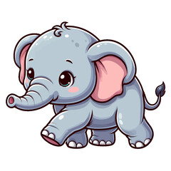Obraz premium Charming cartoon illustration of a cute baby elephant with big, adorable eyes, large ears, and a playful expression, taking a step. Represents adorable animals, wildlife, and children's themes.