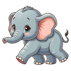 Fototapeta premium Charming cartoon illustration of a cute baby elephant with big, adorable eyes, large ears, and a playful expression, taking a step. Represents adorable animals, wildlife, and children's themes.