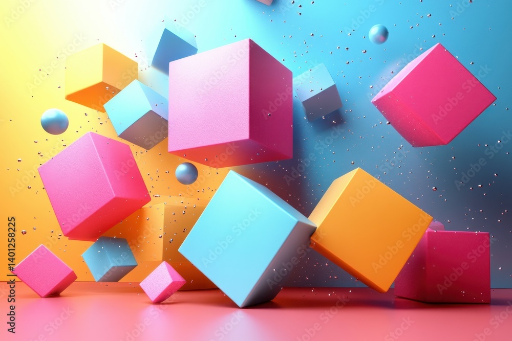 Poster floating cubes: vibrant composition of brightly colored geometric cubes floating in a dynamic, abstr