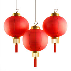 Three red lanterns hanging isolated on white background