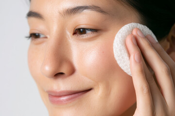 woman gently cleanses her face with cotton pad, showcasing skincare routine. Her skin appears smooth and radiant