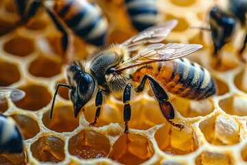 Macro Bee: A close-up shot of a honey bee, showcasing intricate details of the insect within its natural honey comb habitat. Revealing the fascinating structure and natural patterns.