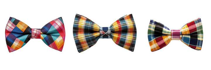 Set of A close-up shot of a smiling man in a crisp white shirt and a colorful rainbow bow tie on transparent png background. Ai generated