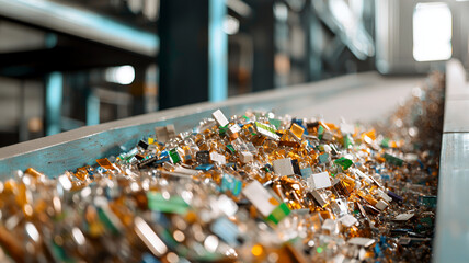 vibrant collection of colorful electronic waste, showcasing various discarded components recycling facility. scene captures