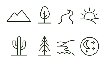 Fototapeta premium Nature outline icons: mountain, tree, river, sun, cactus, pine, hills, moon.