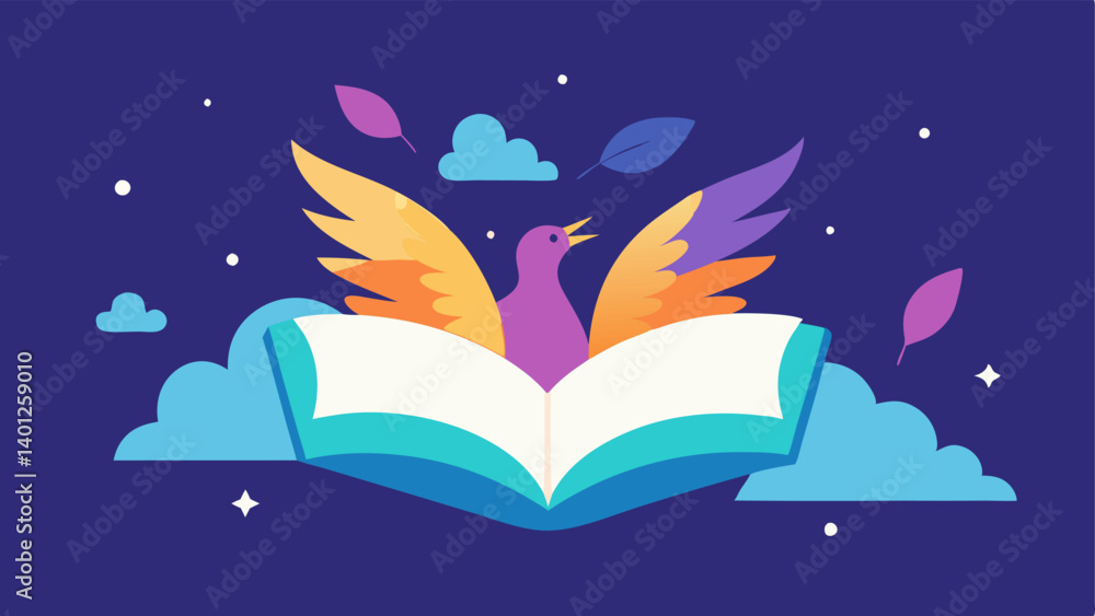 Poster floating book with wings an open book illustrated with vibrant pages that appear to flutter like bir