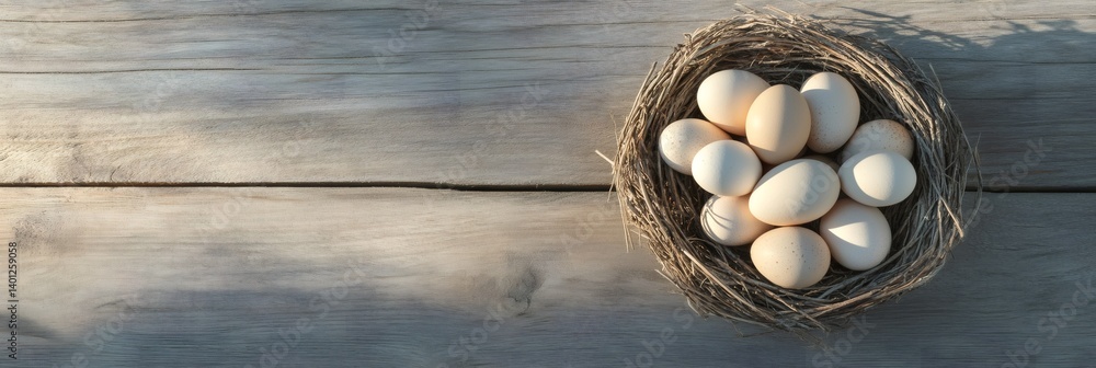 Poster many fresh organic chicken eggs are nestled in a cozy hay nest on a rustic wooden table, illuminated