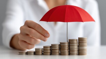Protecting Increasing Wealth with Red Umbrella Over Stacked Coins in Business Concept