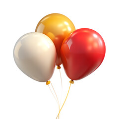 3D illustration of helium balloons in red, gold, and white colors, floating, soft shadow, transparent background