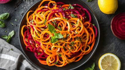Beetroot and carrot noodles salad recipe healthy vegan food spiralized vegetables fresh lemon basil dish 