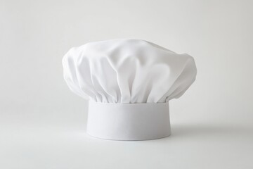 A classic white chef hat, placed against a crisp white background, symbolizes professionalism in the culinary world. The simple, clean design represents elegance in the kitchen.