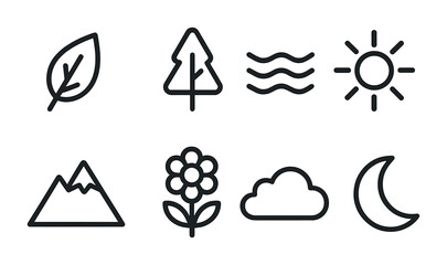 Fototapeta premium Nature icons: leaf, tree, water, sun, mountain, flower, cloud, moon in line art.