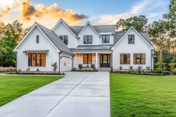 A beautiful white modern house with farmhouse-inspired architecture stands proudly, offering a view of its exterior front lawn and paved driveway, exuding a welcoming atmosphere.