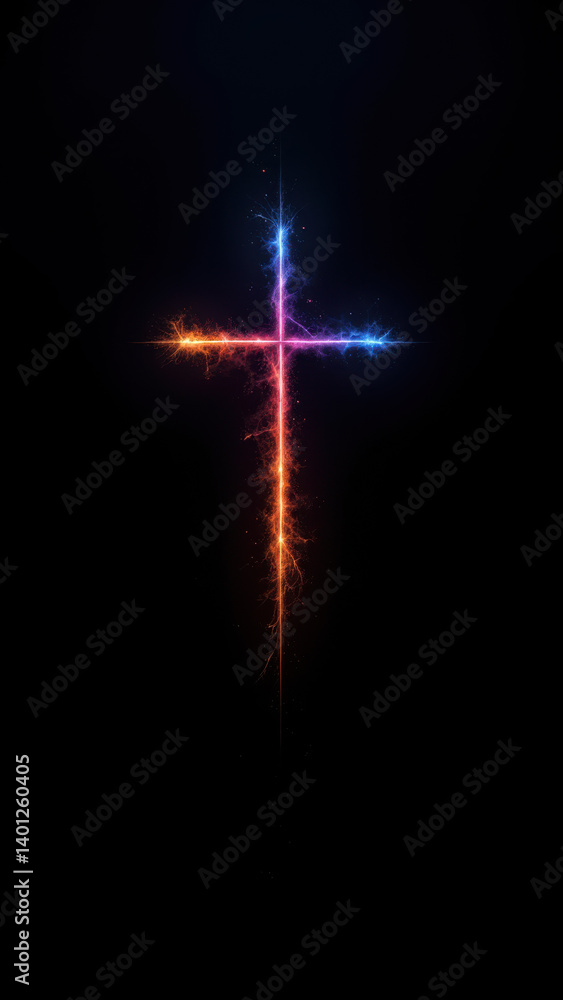Poster christian cross illuminated with colorful light.
