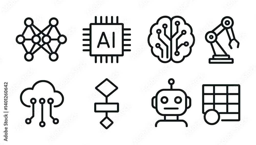 Wall mural artificial intelligence icon set: neural networks, robotics, and cloud computing illustrations.