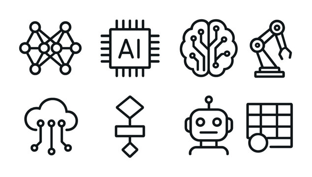 Artificial intelligence icon set: neural networks, robotics, and cloud computing illustrations.