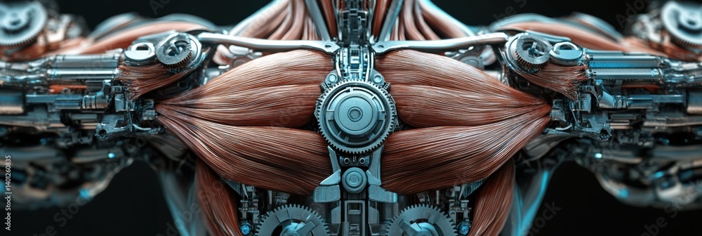Poster exploring the fusion of human muscles and mechanical components in a biomechanical design featuring 