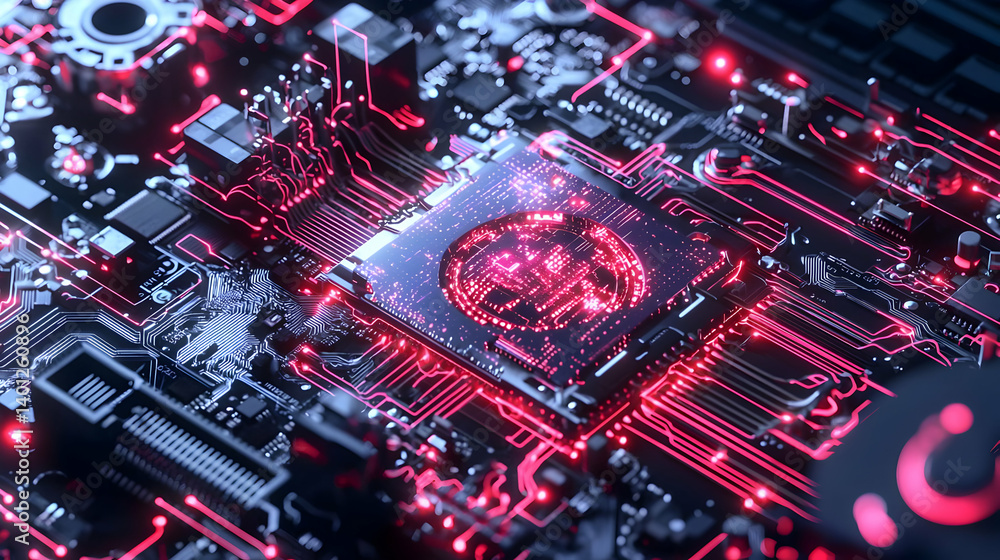 Poster high-tech circuit board design with glowing processors