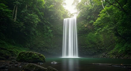 Majestic Waterfall Flowing Through Lush Green Forest Landscape Scenery