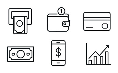 Financial icons set: wallet, cash, credit card, mobile, growth chart line art.