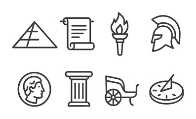 Fototapeta premium Ancient symbols of civilization: pyramid, scroll, torch, helmet, coin, column, chariot, sundial icons.