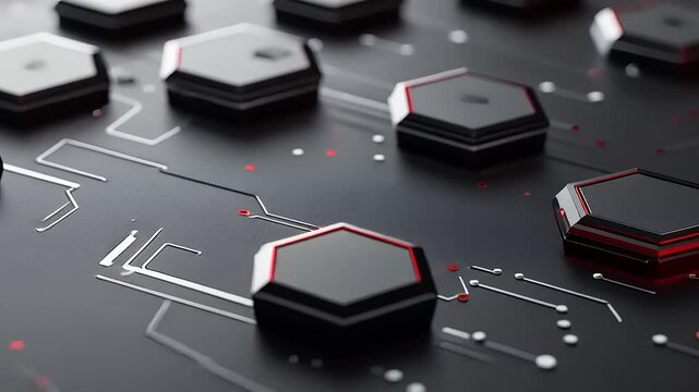 Close up of small hexagons on a dark gray surface with red details and lines, modern and sleek look